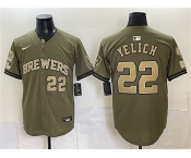 Men's Milwaukee Brewers #22 Christian Yelich Olive 2026 Armed Forces Day Stitched Baseball Jersey