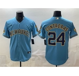 Men's Milwaukee Brewers #24 William Contreras Blue With Home & Bob Uecker Patch Stitched Baseball Jersey