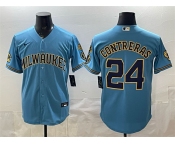 Men's Milwaukee Brewers #24 William Contreras Blue With Home & Bob Uecker Patch Stitched Baseball Jersey