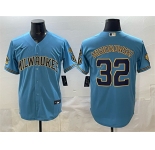 Men's Milwaukee Brewers #32 Jacob Misiorowski Blue With Home & Bob Uecker Patch Stitched Baseball Jersey