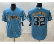 Men's Milwaukee Brewers #32 Jacob Misiorowski Blue With Home & Bob Uecker Patch Stitched Baseball Jersey