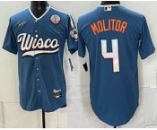 Men's Milwaukee Brewers #4 Paul Molitor Blue With 54 Seasons Patch 2026 City Connect Stadium Jersey
