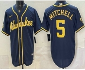 Men's Milwaukee Brewers #5 Garrett Mitchell Navy Blue Stitched Cool Base Jersey