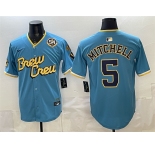 Men's Milwaukee Brewers #5 Garrett Mitchell Powder Blue City Connect With Home & Bob Uecker Patch Limited Stitched Baseball Jersey