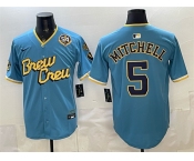 Men's Milwaukee Brewers #5 Garrett Mitchell Powder Blue City Connect With Home & Bob Uecker Patch Limited Stitched Baseball Jersey