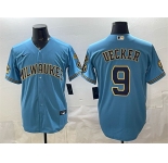 Men's Milwaukee Brewers #9 Bob Uecker Blue With Home & Bob Uecker Patch Stitched Baseball Jersey