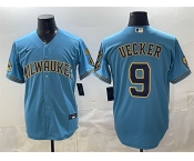Men's Milwaukee Brewers #9 Bob Uecker Blue With Home & Bob Uecker Patch Stitched Baseball Jersey