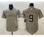 Men's Milwaukee Brewers #9 Bob Uecker Grey Home Limited Stitched Jersey