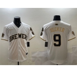Men's Milwaukee Brewers #9 Bob Uecker White Gold With Home Patch Limited Stitched Baseball Jersey