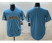 Men's Milwaukee Brewers Blank Blue With Home & Bob Uecker Patch Stitched Baseball Jersey