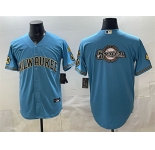 Men's Milwaukee Brewers Team Big Logo Blue With Home & Bob Uecker Patch Stitched Baseball Jersey