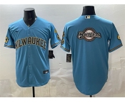 Men's Milwaukee Brewers Team Big Logo Blue With Home & Bob Uecker Patch Stitched Baseball Jersey