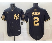 Men's New York Yankees #2 Derek Jeter Black Gold With Patch Stitched Baseball Jersey