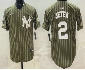 Men's New York Yankees #2 Derek Jeter Olive Pinstripe 2026 Armed Forces Day Salute To Service Jersey