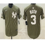 Men's New York Yankees #3 Babe Ruth Olive Pinstripe 2026 Armed Forces Day Salute To Service Jersey