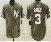 Men's New York Yankees #3 Babe Ruth Olive Pinstripe 2026 Armed Forces Day Salute To Service Jersey