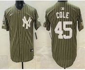 Men's New York Yankees #45 Gerrit Cole Olive Pinstripe 2026 Armed Forces Day Salute To Service Jersey