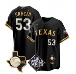 Men's Texas Rangers & Cowboys #53 Adolis GarcÃa Black Gold 2023 World Series Splite Stitched Baseball Jersey