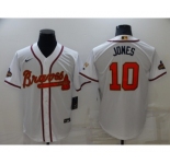 Men's Atlanta Braves #10 Chipper Jones 2022 White Gold World Series Champions Program Cool Base Stitched Baseball Jersey