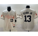 Men's Atlanta Braves #13 Ronald Acuna Jr. Cream 2024 Atliens & Peach With Outkast Patch Vapor Limited Stitched Baseball Jersey