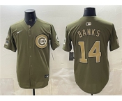 Men's Chicago Cubs #14 Ernie Banks Royal Olive 2026 Armed Forces Day Salute To Service Stitched Baseball Jersey