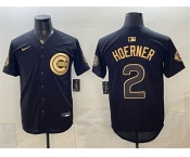 Men's Chicago Cubs #2 Nico Hoerner Black Gold 150th Anniversary Patch Stitched Baseball Jersey