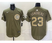 Men's Chicago Cubs #23 Ryne Sandberg Olive 2026 Armed Forces Day Stitched Baseball Jersey