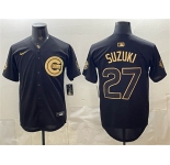 Men's Chicago Cubs #27 Seiya Suzuki Black Gold 150th Anniversary Patch Stitched Baseball Jersey