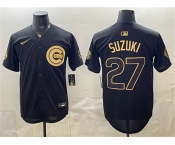 Men's Chicago Cubs #27 Seiya Suzuki Black Gold 150th Anniversary Patch Stitched Baseball Jersey