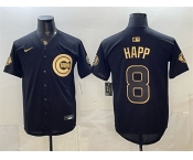Men's Chicago Cubs #8 lan Happ Black Gold 150th Anniversary Patch Stitched Baseball Jersey