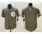 Men's Chicago Cubs Blank Pinstripe Olive 2026 Armed Forces Day Salute To Service Stitched Baseball Jersey