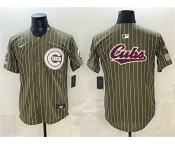 Men's Chicago Cubs Team Big Logo Pinstripe Olive 2026 Armed Forces Day Salute To Service Stitched Baseball Jersey