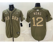 Men's Boston Red Sox #12 Connor Wong Olive Armed Forces Day Cool Base Stitched Baseball Jersey