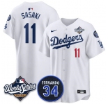 Men's Los Angeles Dodgers #11 Rōki Sasaki White 2025 World Series With No. 34 Patch Limited Stitched Jersey