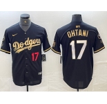 Men's Los Angeles Dodgers #17 Shohei Ohtani Number Black Gold Stitched Cool Base Nike Jersey