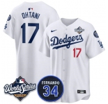 Men's Los Angeles Dodgers #17 Shohei Ohtani White 2025 World Series With No. 34 Patch Limited Stitched Jersey