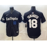 Men's Los Angeles Dodgers #18 Yoshinobu Yamamoto Black 2025 World Series Champions Patch 'Gothic Edition' Vapor Premier Limited Stitched Baseball Jersey