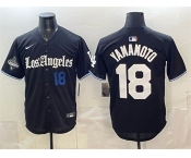 Men's Los Angeles Dodgers #18 Yoshinobu Yamamoto Black 2025 World Series Champions Patch 'Gothic Edition' Vapor Premier Limited Stitched Baseball Jersey