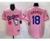 Men's Los Angeles Dodgers #18 Yoshinobu Yamamoto Pink Hello Kitty Night 2025 World Series Champions Patch Stitched Baseball Jersey