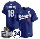 Men's Los Angeles Dodgers #18 Yoshinobu Yamamoto Royal 2024 World Series With No. 34 Patch Cool Base Stitched Baseball Jersey