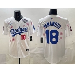 Men's Los Angeles Dodgers #18 Yoshinobu Yamamoto White 2025 World Series Patch Tokyo Series Limited Stitched Baseball Jersey
