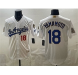 Men's Los Angeles Dodgers #18 Yoshinobu Yamamoto White 2026 Gold Collection 9x & B2B Champs Patch Stitched Baseball Jersey