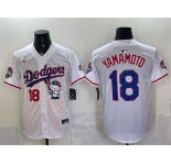 Men's Los Angeles Dodgers #18 Yoshinobu Yamamoto White Hello Kitty Night 2025 World Series Champions Patch Stitched Baseball Jersey