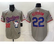 Men's Los Angeles Dodgers #22 Clayton Kershaw Grey Hello Kitty Night 2025 World Series Champions Patch Stitched Baseball Jersey