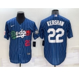 Men's Los Angeles Dodgers #22 Clayton Kershaw Number Navy Blue Pinstripe 2020 World Series Cool Base Nike Jersey