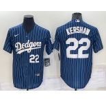 Men's Los Angeles Dodgers #22 Clayton Kershaw Number Navy Blue Pinstripe Stitched MLB Cool Base Nike Jersey
