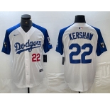 Mens Los Angeles Dodgers #22 Clayton Kershaw Number White Blue Fashion Stitched Cool Base Limited Jersey