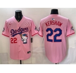 Men's Los Angeles Dodgers #22 Clayton Kershaw Pink Hello Kitty Night 2025 World Series Champions Patch Stitched Baseball Jersey