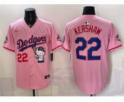 Men's Los Angeles Dodgers #22 Clayton Kershaw Pink Hello Kitty Night 2025 World Series Champions Patch Stitched Baseball Jersey