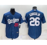 Men's Los Angeles Dodgers #26 Tony Gonsolin Number Red Navy Blue Pinstripe Stitched MLB Cool Base Nike Jersey
